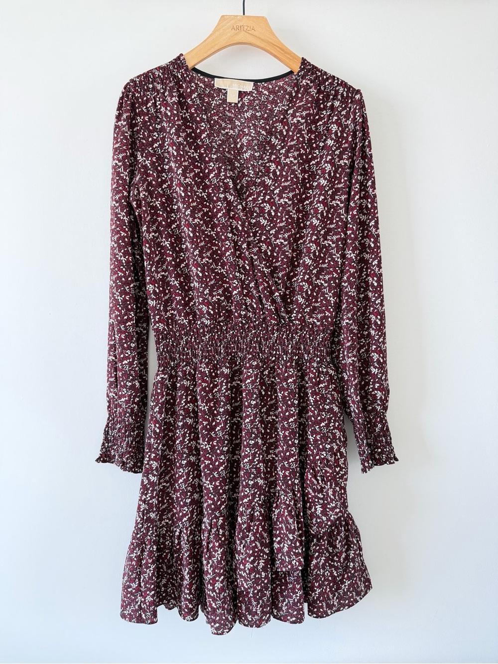 Michael Kors Floral Smocked Mini Dress Burgundy Long Sleeve V-Neck Size S - Picture 2 of 16